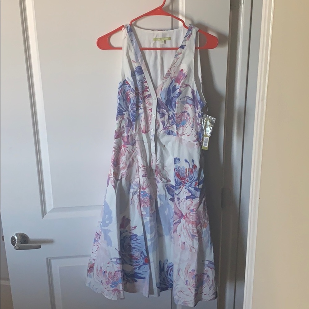 White dress with blue and pink flowers
